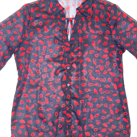 THE LIMITED | Red Lip Print Sheer Button-Down Blouse - Picture 2 of 5